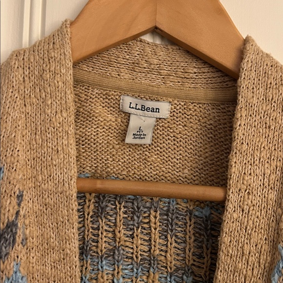 L.L. Bean L Women Cotton Ragg Khaki Open Cardigan SweaterFair Isle Cozy Long EUC - Picture 3 of 11